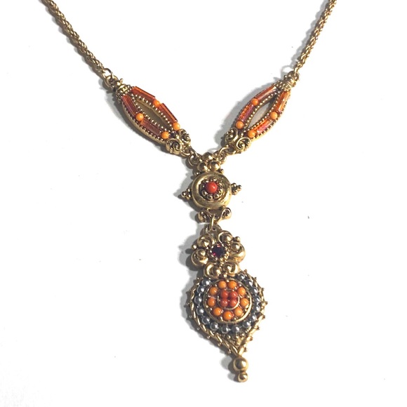 Coral Beaded Y Drop Pendant Necklace & Earrings Set Ornate Faux Garnets - Picture 4 of 8